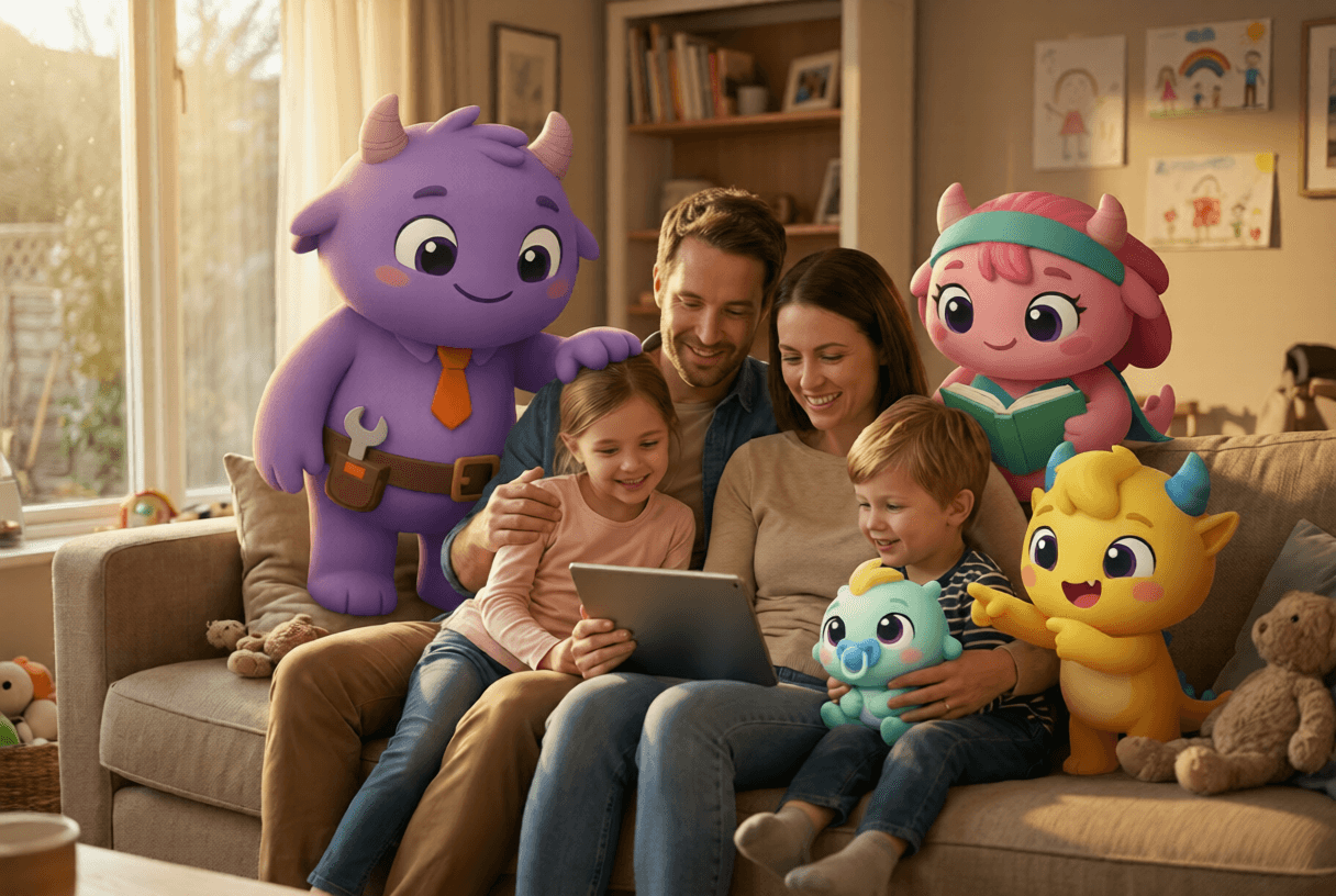 Família feliz aprendendo educação financeira com o app JOBO