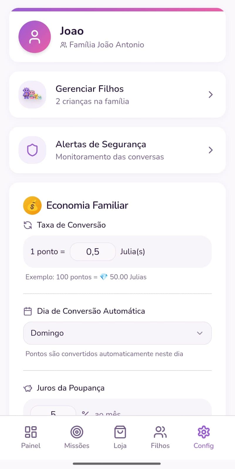 Painel dos Pais - Configurações e controle
